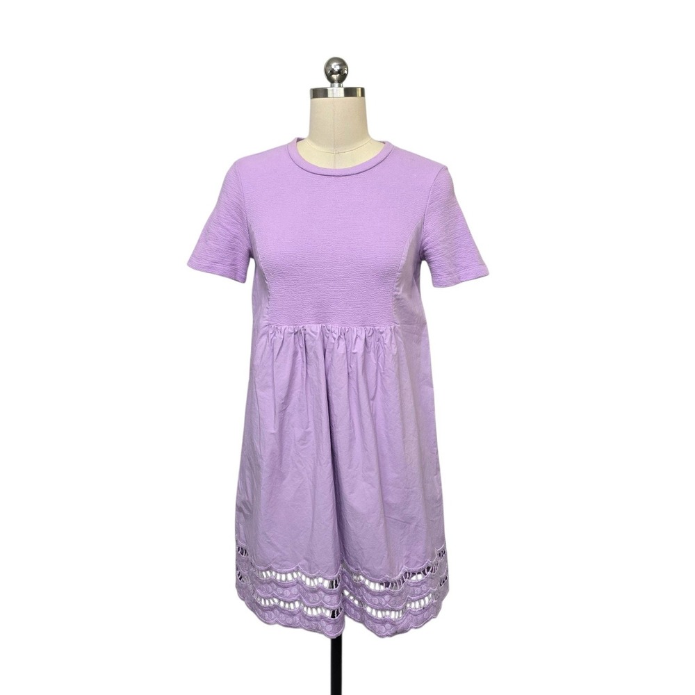 English Factory Lavender Mixed Media Eyelet Scalloped Hem Mini Dress XS Purple